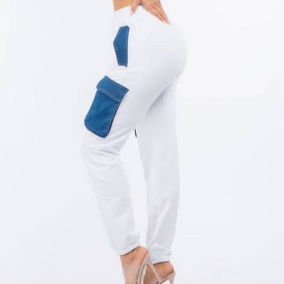 Callie Cargo: Mixed Media Denim & Cotton White Jogger Pants - Picture 11 of 13